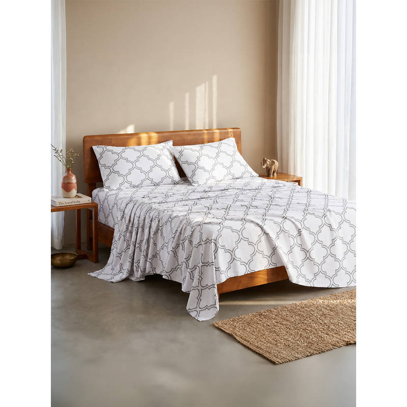LANE LINEN 100% Organic Cotton Single Bedsheet with 1 Pillow Cover - White Graphic