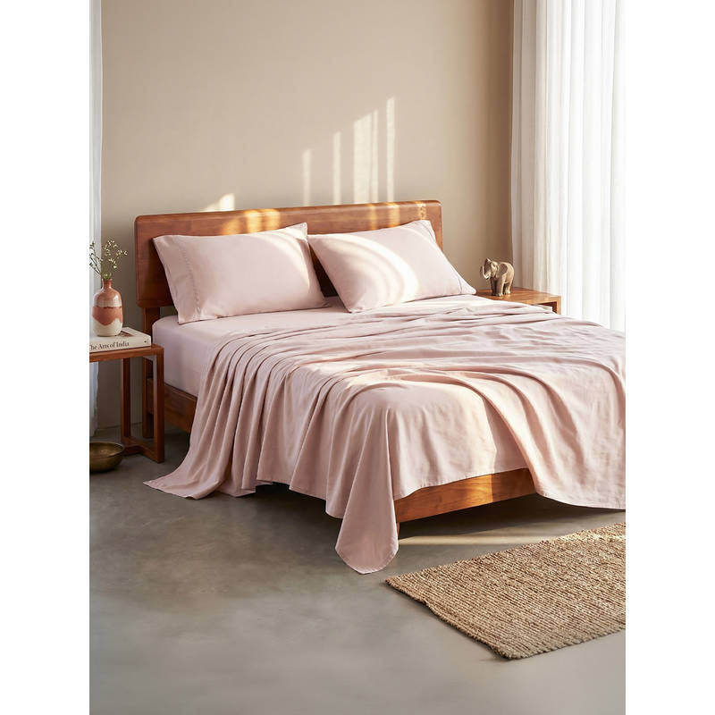LANE LINEN 100% Organic Cotton Double Fitted Bedsheet with 2 Pillow Covers - Pink