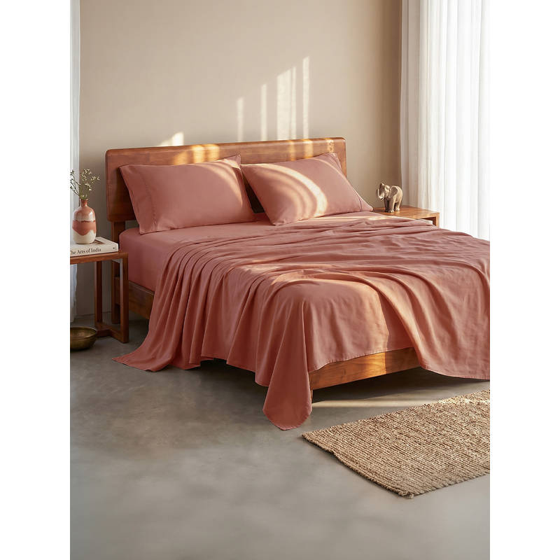 LANE LINEN 100% Organic Cotton Super King Fitted Bedsheet with 2 Pillow Covers - Mauve