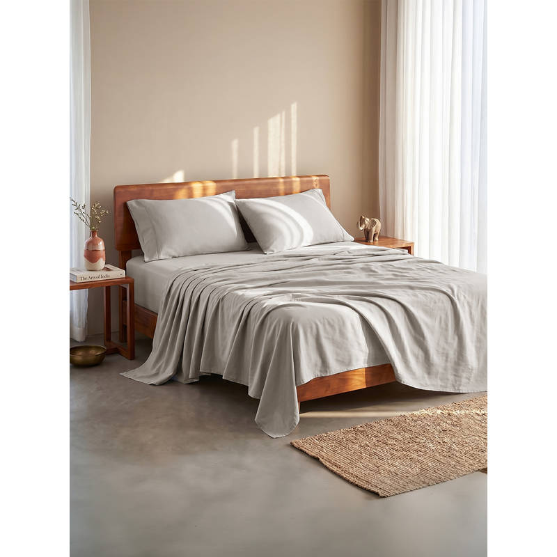 LANE LINEN 100% Organic Cotton Double Fitted Bedsheet with 2 Pillow Covers - Light Grey