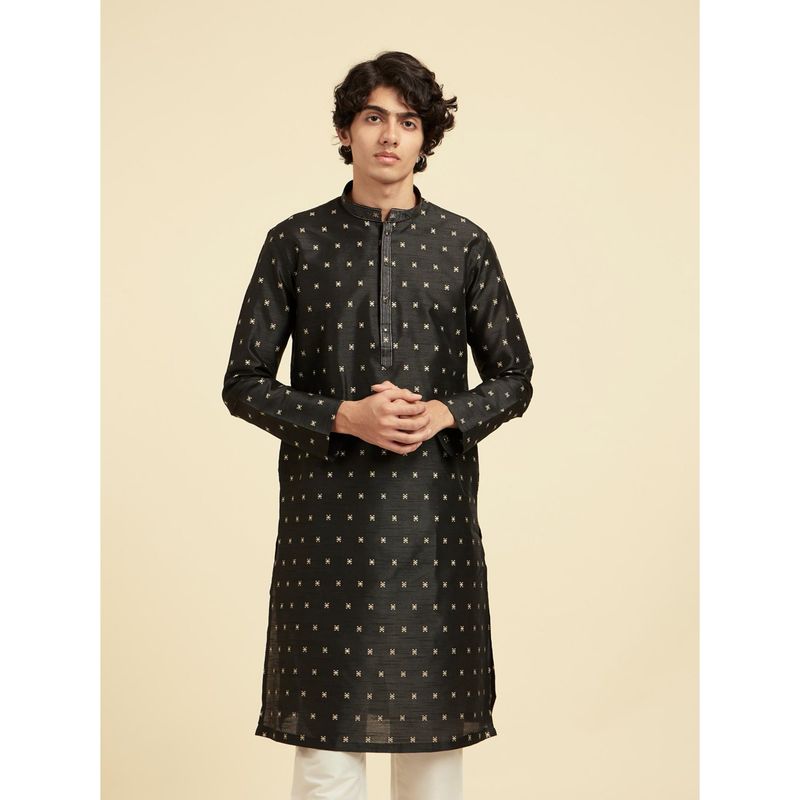 Diwas by Manyavar Men Black Art Silk Jacquard Woven Kurta (S)