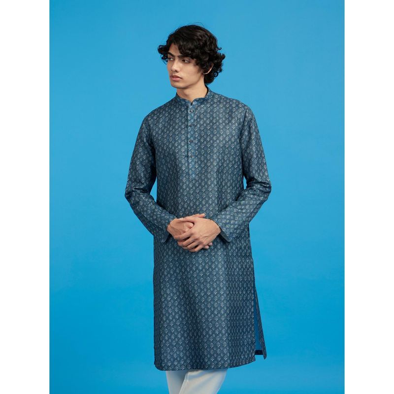 Diwas by Manyavar Men Blue Cotton Blend Printed Kurta (S)