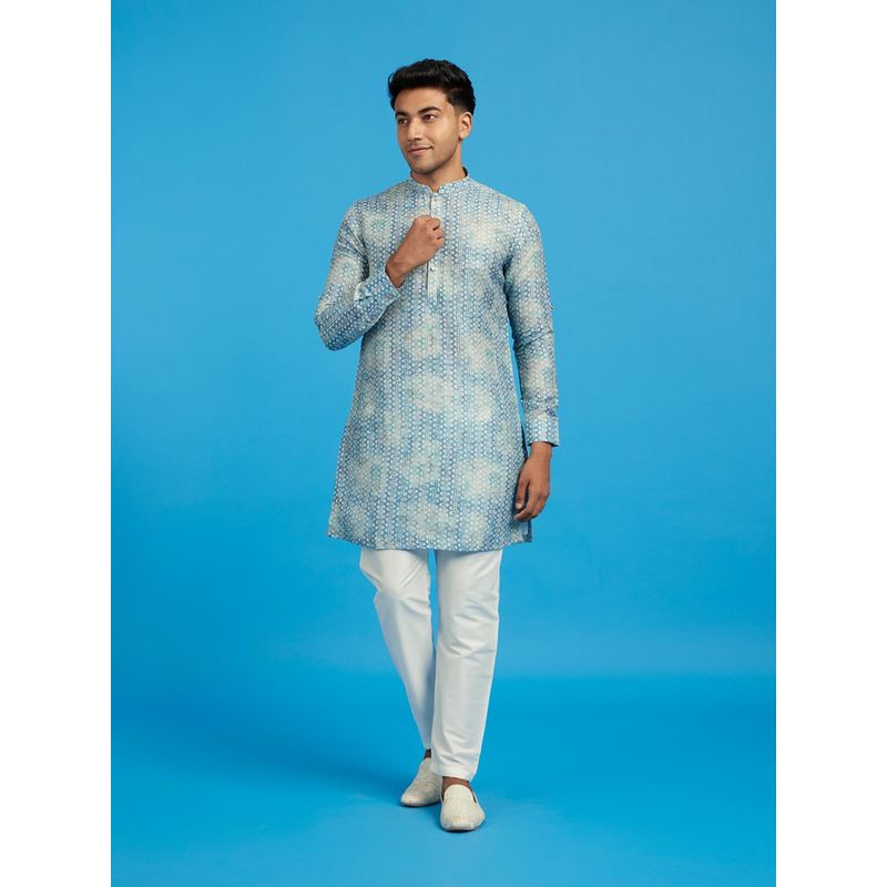 Diwas by Manyavar Men Blue Cotton Blend Printed Kurta (M)