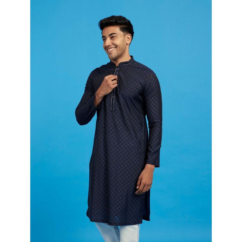 Diwas by Manyavar Men Blue Viscose Blend Thread Embroidery Metallic/Gold Print Kurta (S)