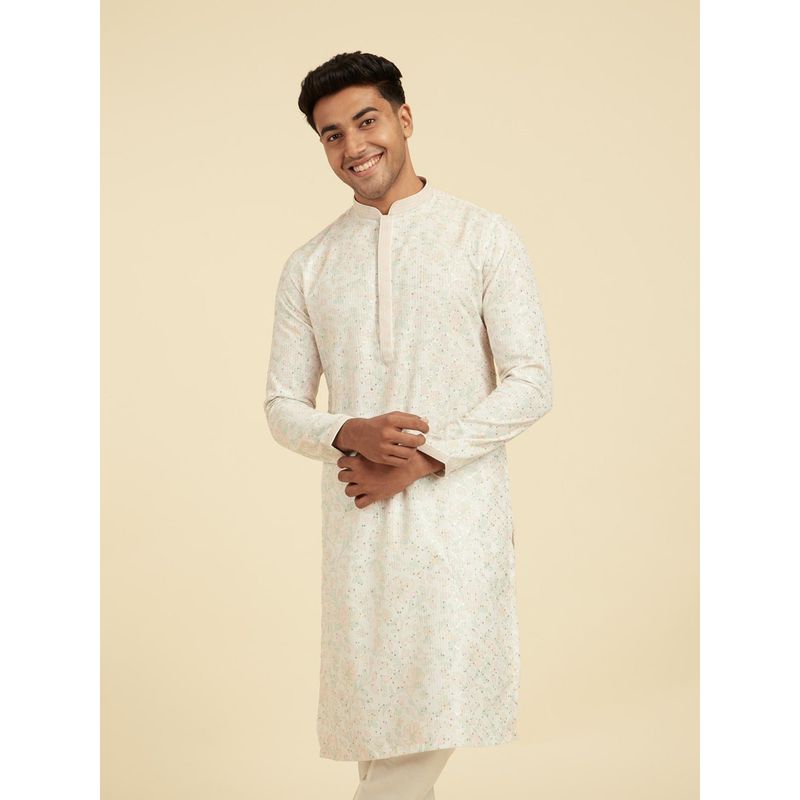 Diwas by Manyavar Men Cream Cotton Blend Printed Embroidery Sequins Kurta (S)