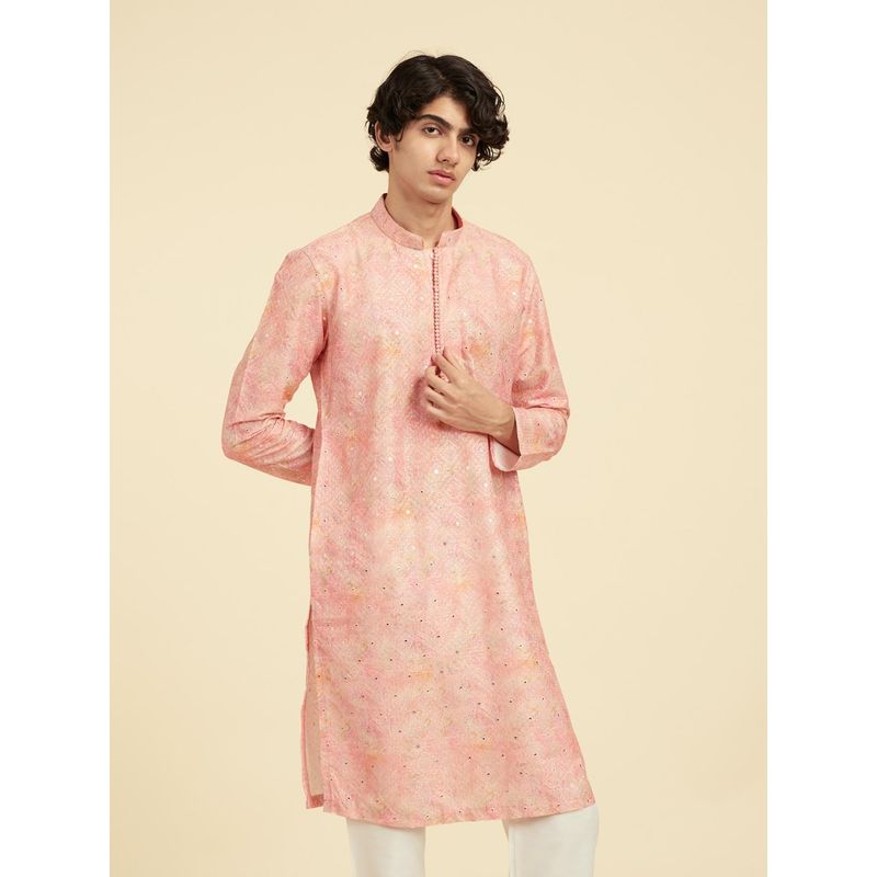 Diwas by Manyavar Men Pink Art Silk Printed Embroidery Sequins Kurta (M)
