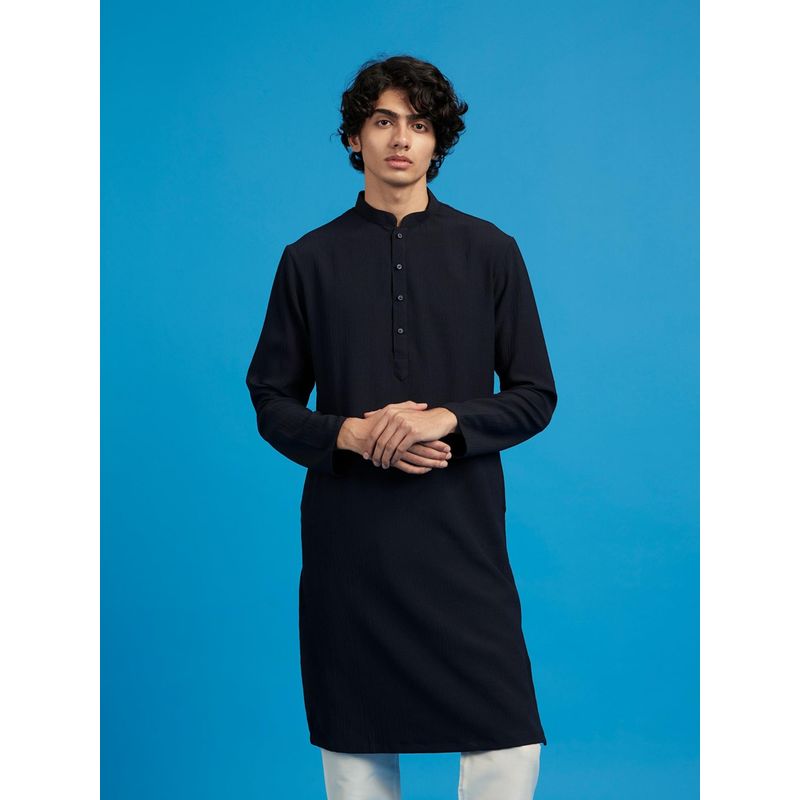 Diwas by Manyavar Men Blue Rayon Blend Jacquard Textured Kurta (S)
