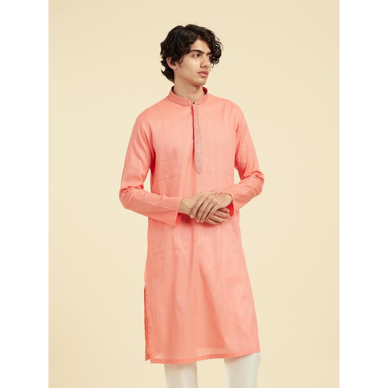 Diwas by Manyavar Men Pink Cotton Jacquard Striped Kurta (XL)