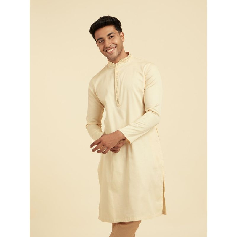 Diwas by Manyavar Men Beige Cotton Solid Kurta (M)