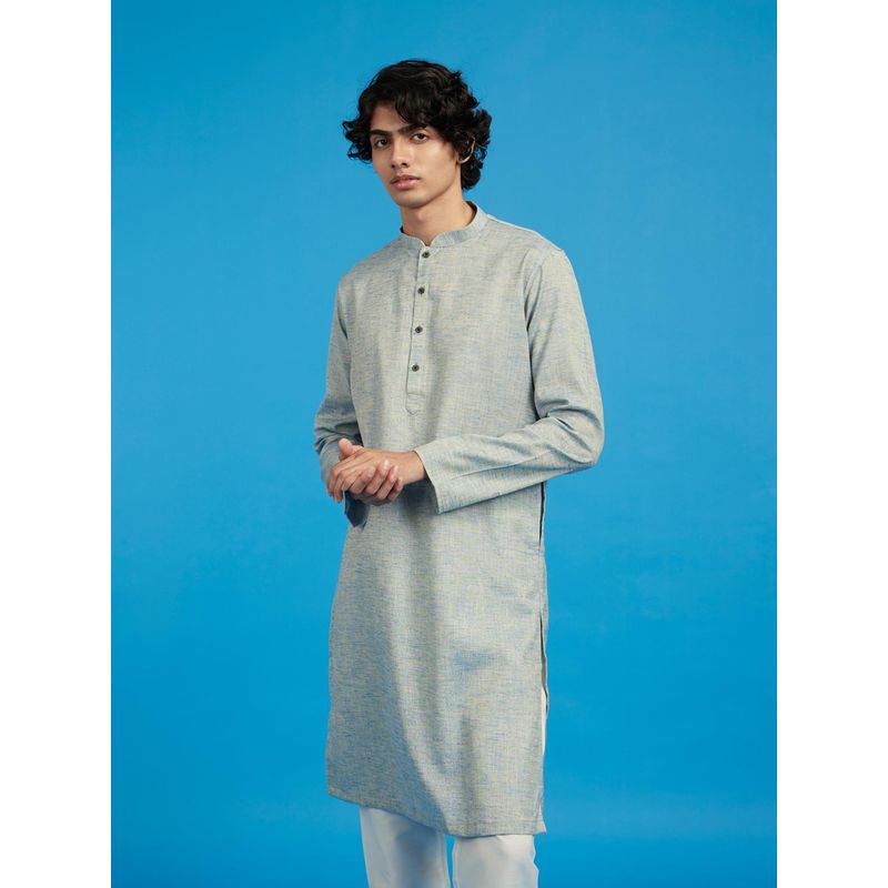Diwas by Manyavar Men Blue Viscose Blend Textured Kurta (L)