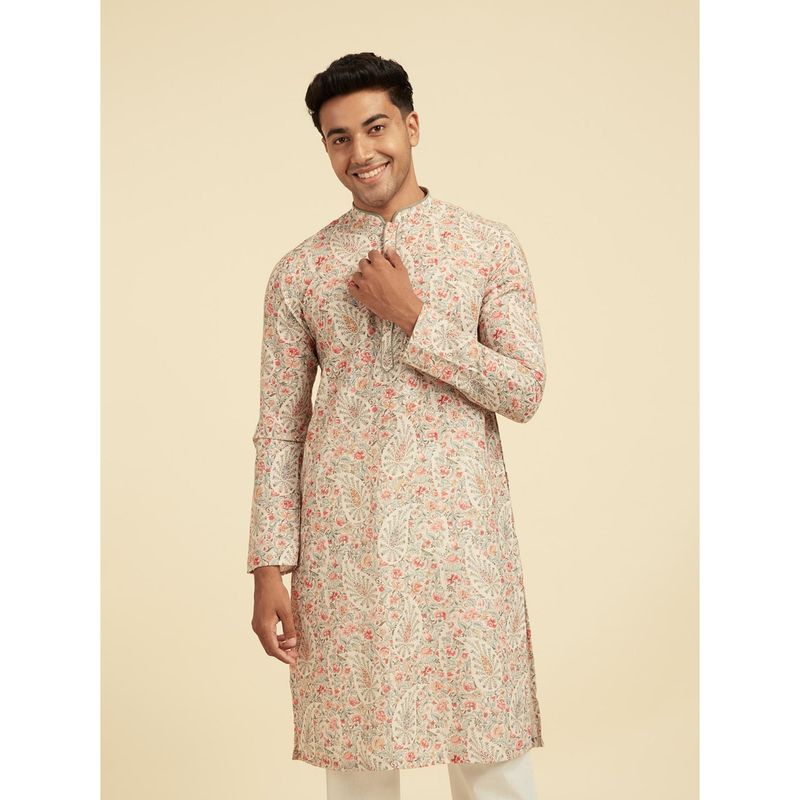 Diwas by Manyavar Men Cream Cotton Blend Printed Kurta (S)
