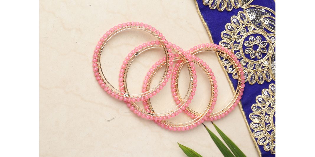 Priyaasi Women Set Of 4 Pink Gold-Plated Beaded Handcrafted Bangles - 2.6
