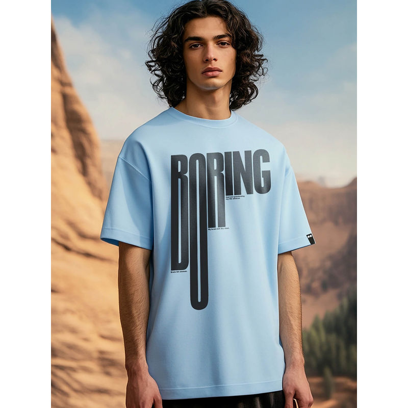 Bewakoof Men's Chambray Blue Boring Typography Oversized T-shirt (S)