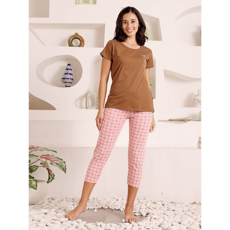 Bodycare Brown Women Printed Half Sleeves T-Shirt with Capri (M)
