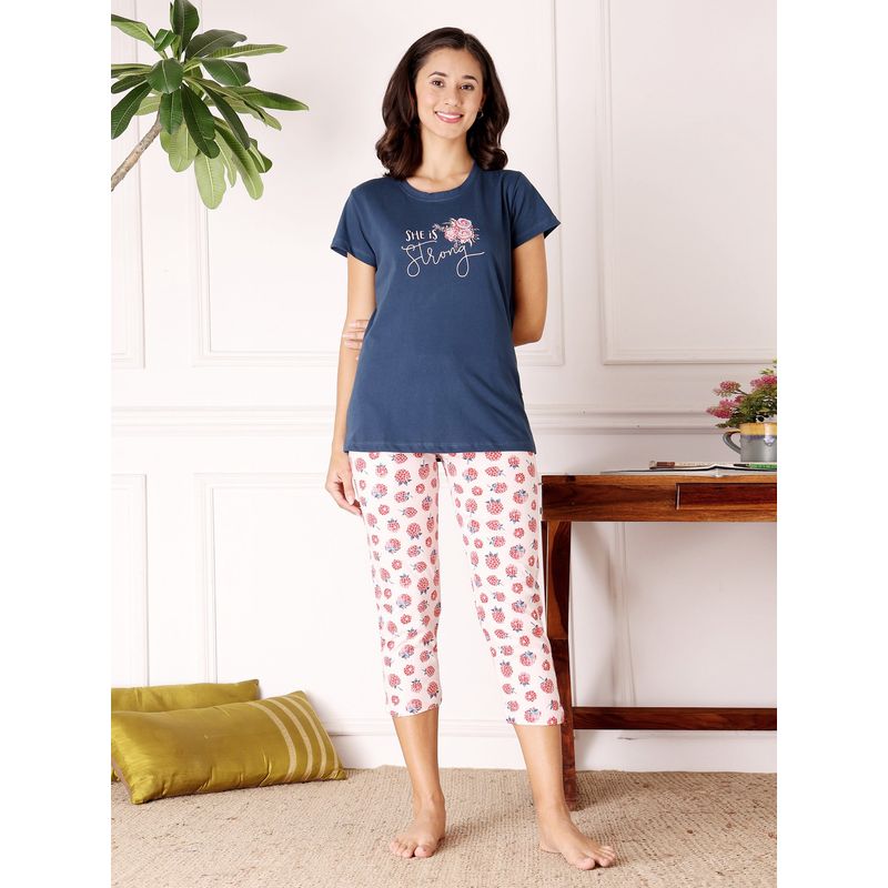 Bodycare Blue Women Printed Half Sleeves T-Shirt with Capri (M)