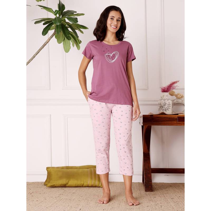 Bodycare Mauve Women Printed Half Sleeves T-Shirt with Capri (L)