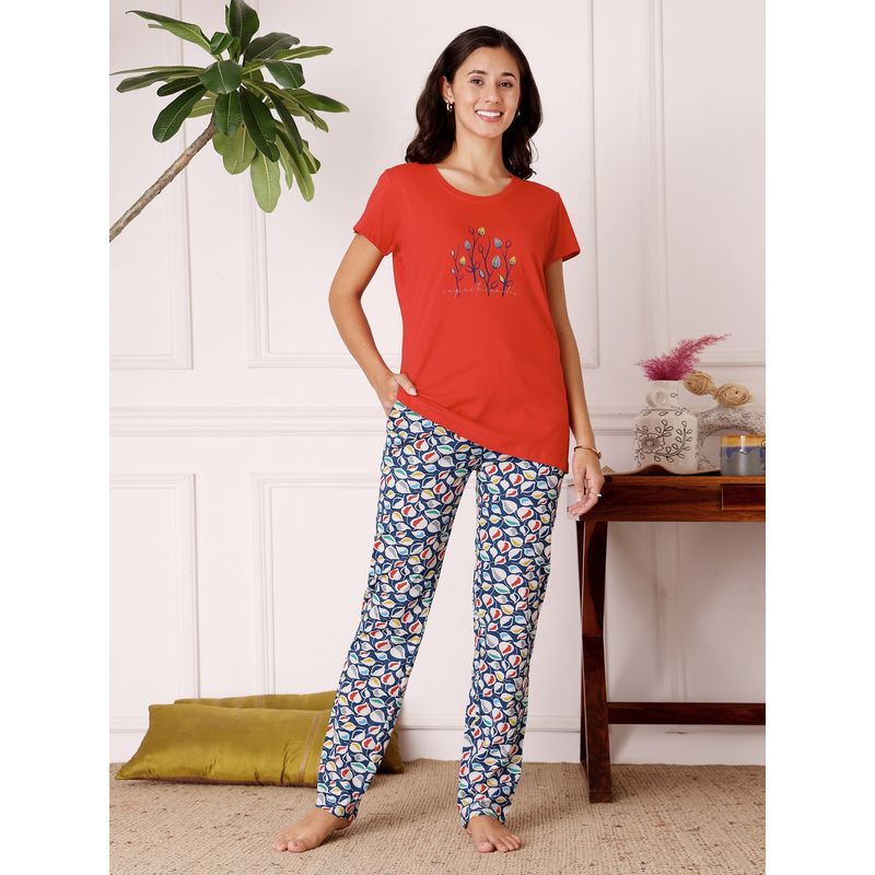 Bodycare Orange Women Cotton Printed T-Shirt and Pyjama (M)