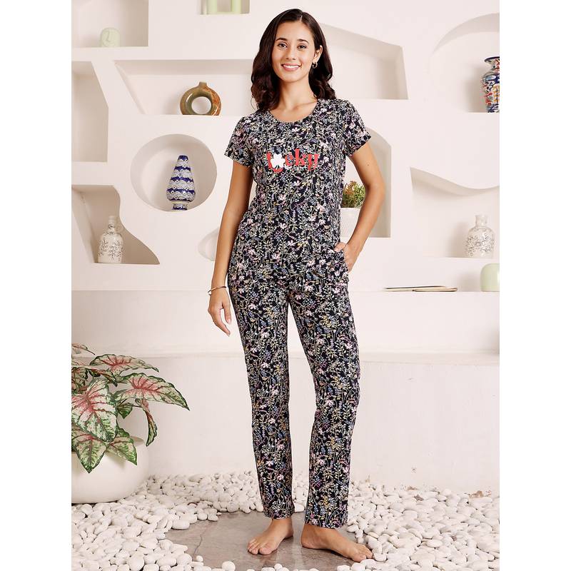 Bodycare Navy Blue Women Cotton Printed T-Shirt and Pyjama (M)