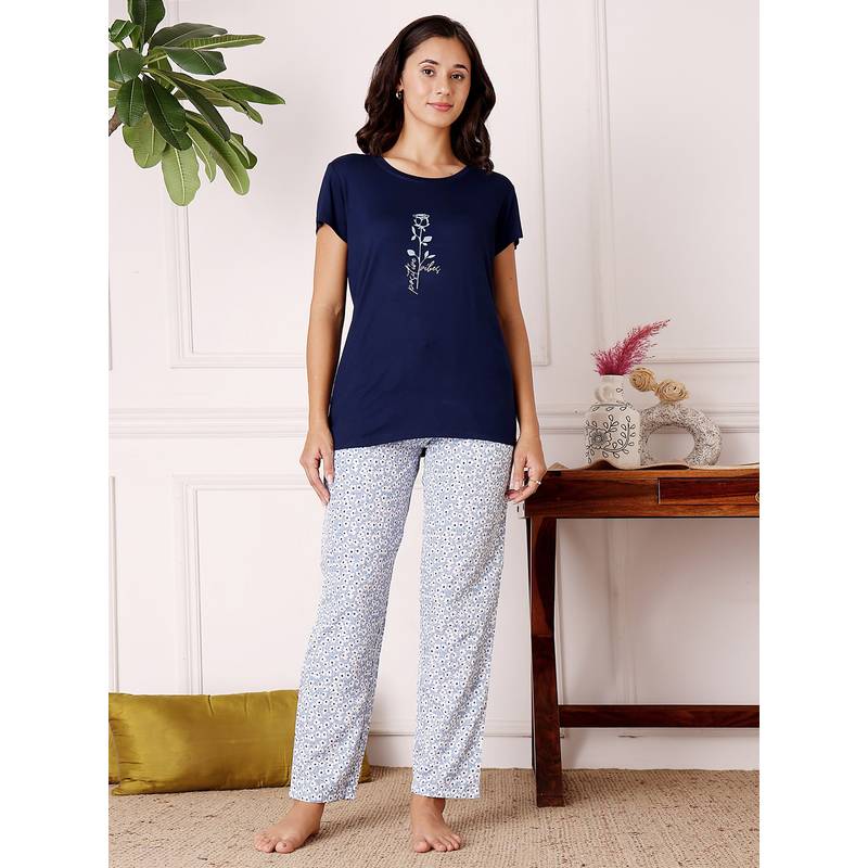 Bodycare Blue Women Cotton Printed T-Shirt and Pyjama (M)