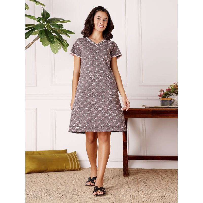 Bodycare Brown Women Printed Knee Length Nightdress (M)