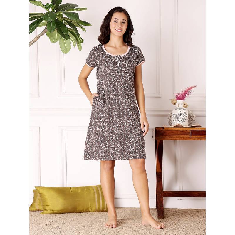 Bodycare Brown Women Printed Knee Length Nightdress (L)