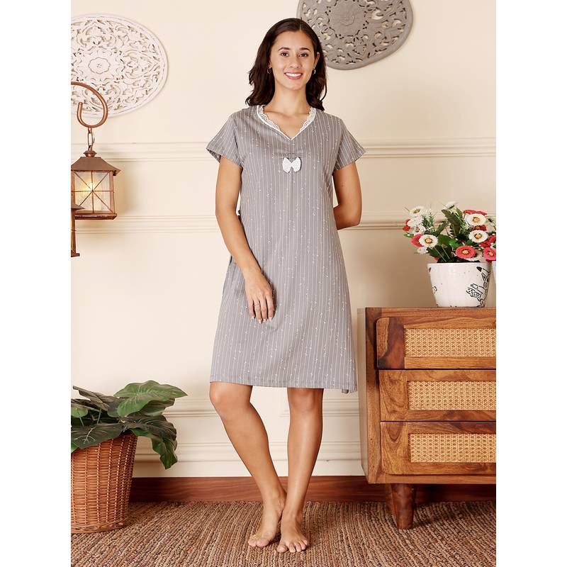 Bodycare Grey Women Printed Knee Length Nightdress (L)