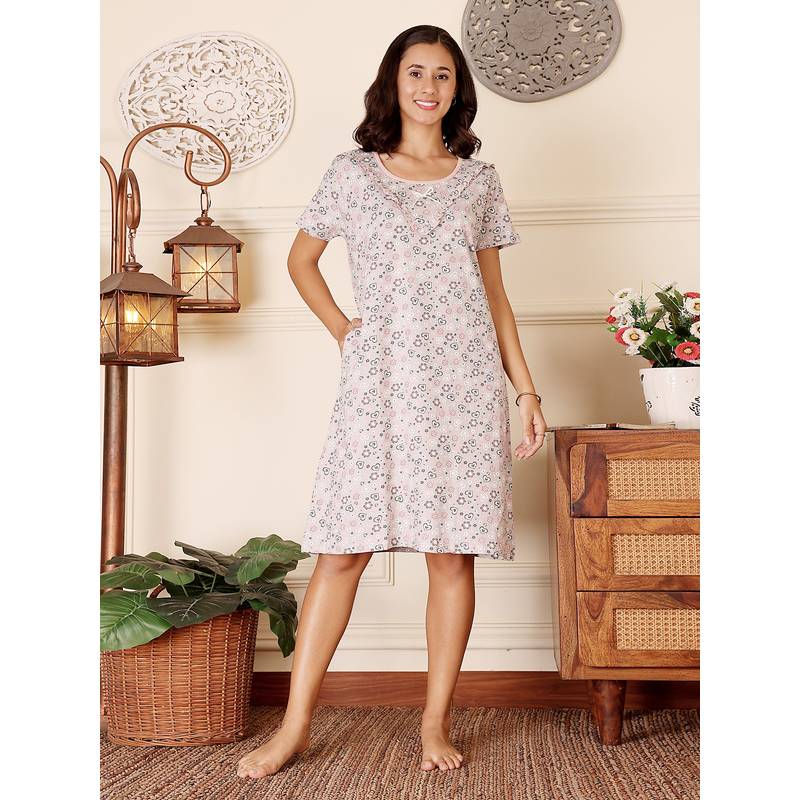 Bodycare Grey Women Printed Knee Length Nightdress (L)