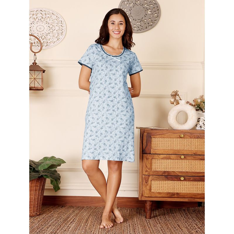 Bodycare Blue Women Printed Knee Length Nightdress (M)