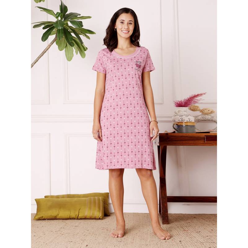 Bodycare Pink Women Printed Knee Length Nightdress (M)