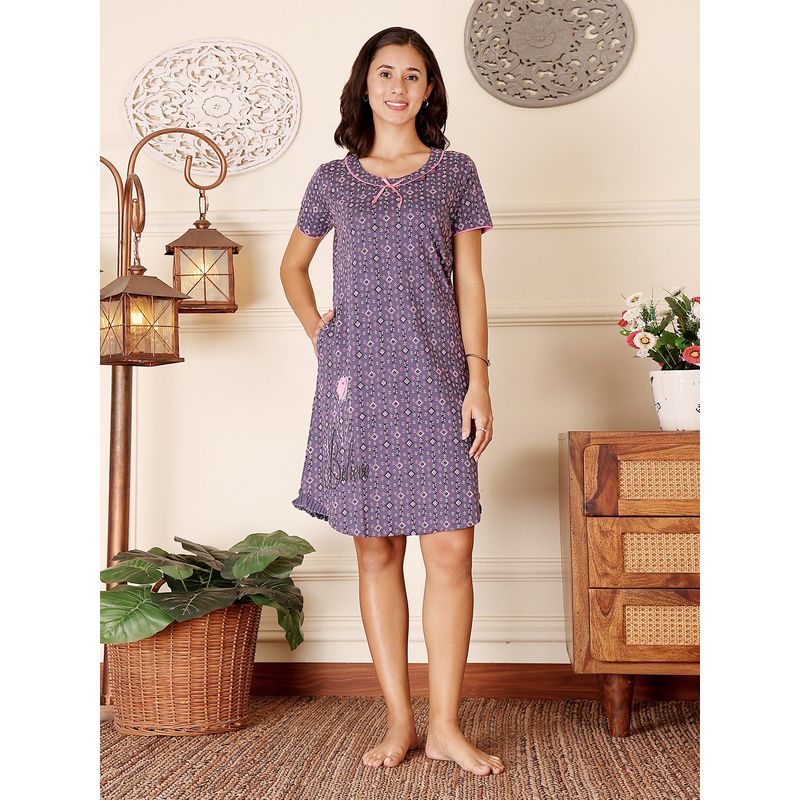 Bodycare Purple Women Printed Knee Length Nightdress (M)