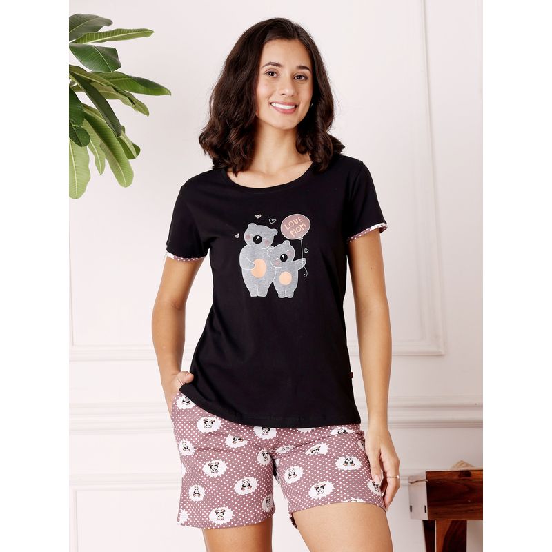 Bodycare Black Women Printed T-Shirt and Shorts (M)