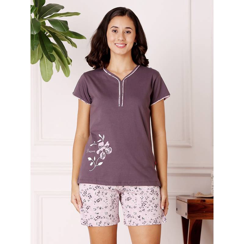 Bodycare Navy Blue Women Printed T-Shirt and Shorts (2XL)