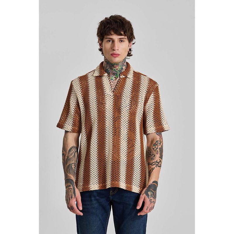Snitch Terracotta Stripes Half Sleeves Boxy Casual Polo T-Shirt for Men (L)