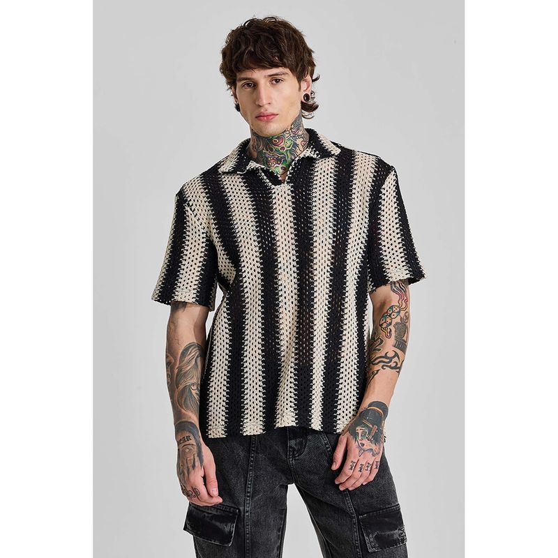 Snitch Jet Black Stripes Half Sleeves Boxy Casual Polo T-Shirt for Men (M)