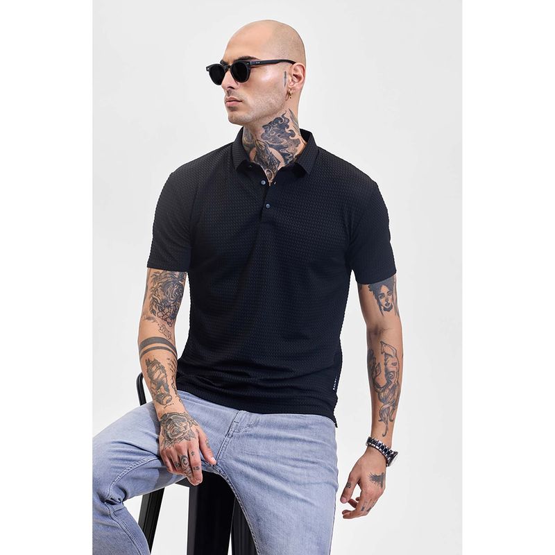 Snitch Jet Black Textured Half Sleeves Slim Casual Polo T-Shirt for Men (L)