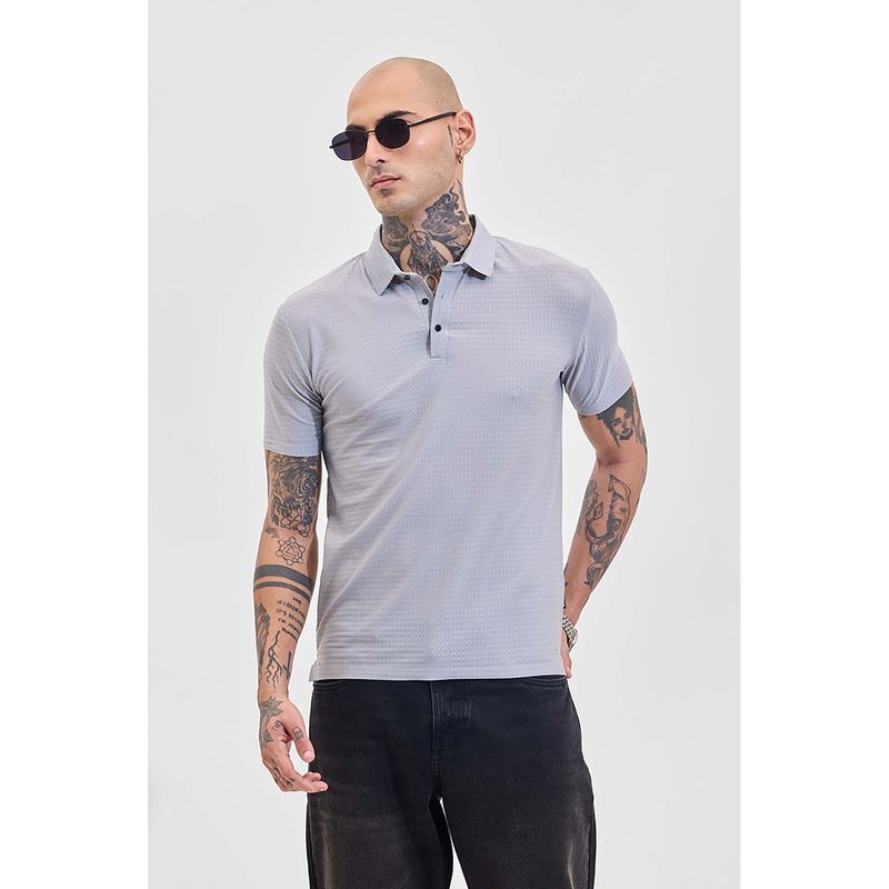 Snitch Light Grey Textured Half Sleeves Slim Casual Polo T-Shirt for Men (S)