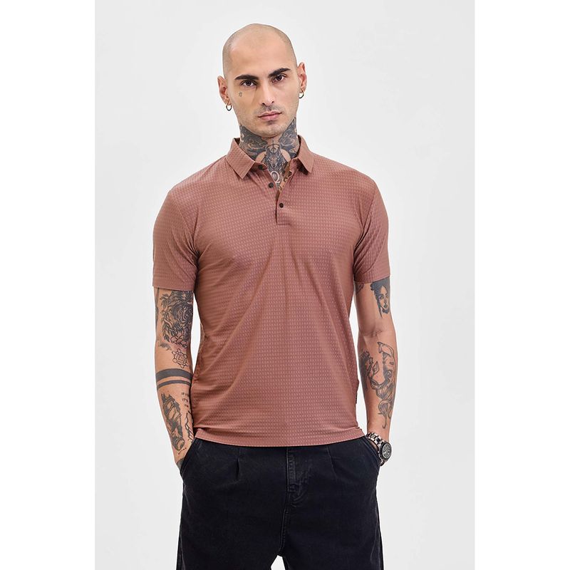 Snitch Dusty Rose Textured Half Sleeves Slim Casual Polo T-Shirt for Men (S)
