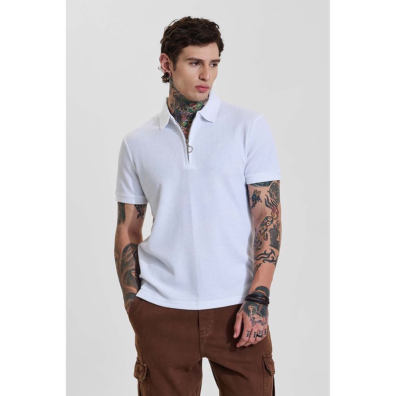 Snitch Snow White Textured Half Sleeves Slim Casual Polo T-Shirt for Men (2XL)