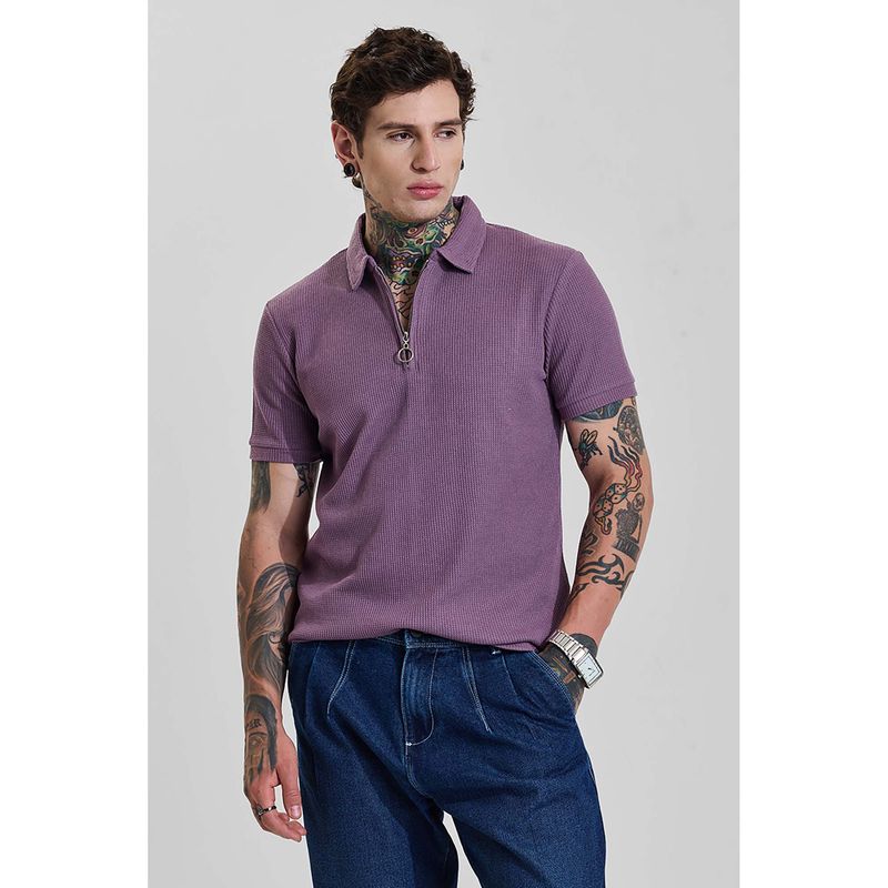 Snitch Muted Lavender Purple Textured Half Sleeves Slim Casual Polo T-Shirt for Men (L)