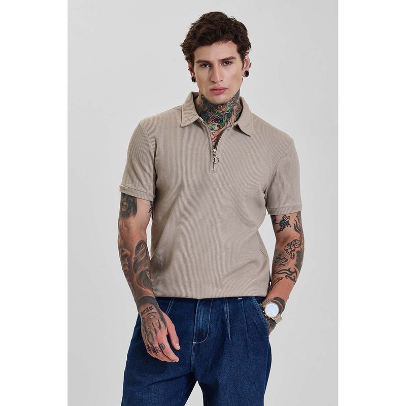 Snitch Muted Beige Textured Half Sleeves Slim Casual Polo T-Shirt for Men (L)