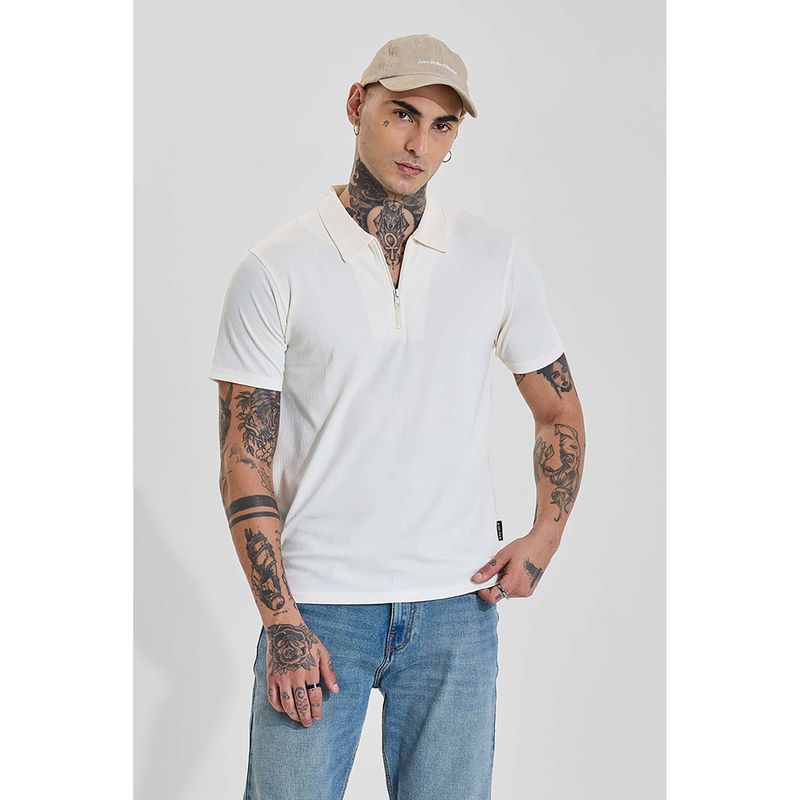 Snitch Light Ivory Solid/Plain Half Sleeves Slim Casual Polo T-Shirt for Men (2XL)