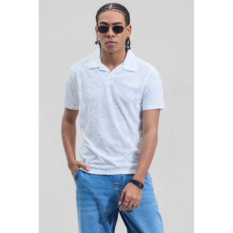 Snitch White Floral Half Sleeves Slim Casual Polo T-Shirt for Men (L)