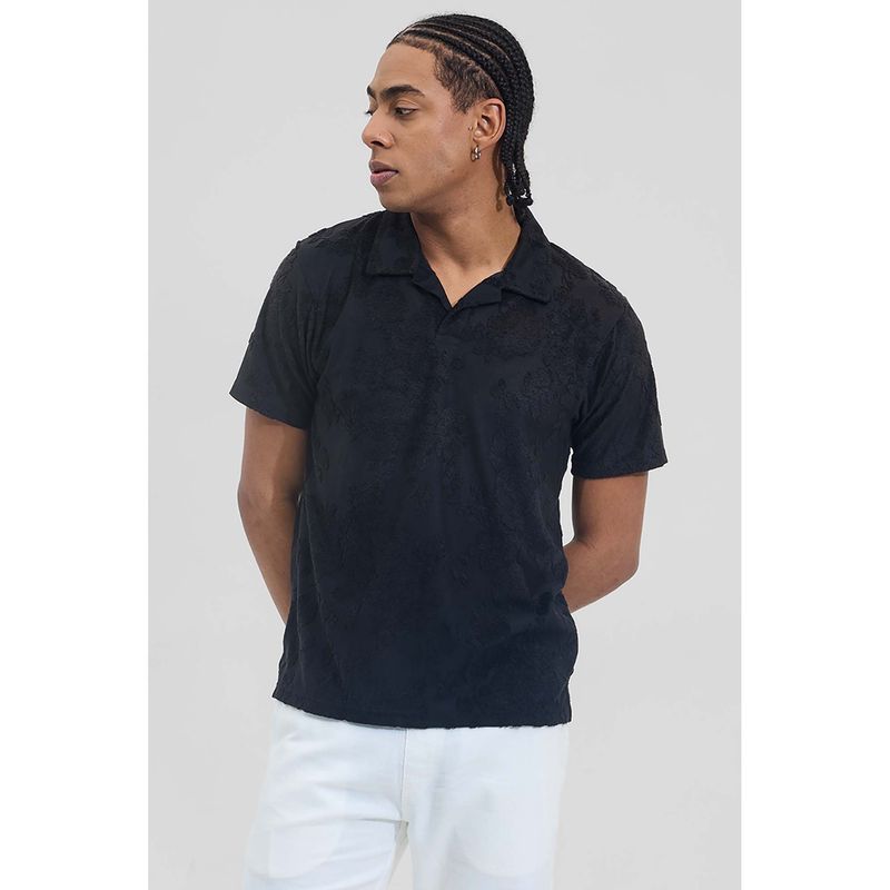 Snitch Black Floral Half Sleeves Slim Casual Polo T-Shirt for Men (2XL)