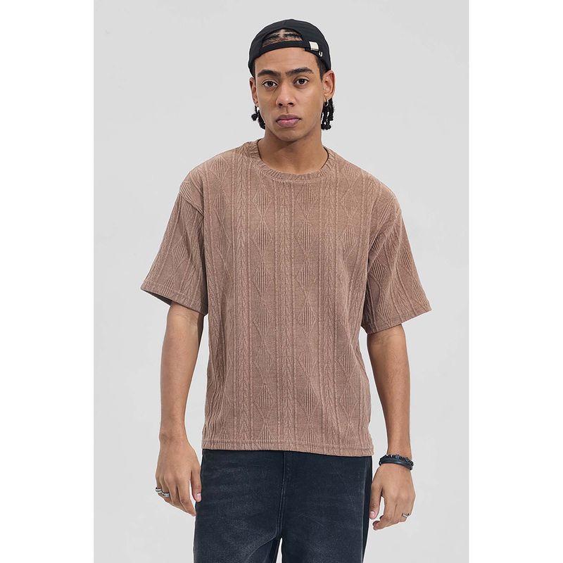 Snitch Light Brown Geometric Half Sleeves Oversized Casual T-Shirt for Men (L)