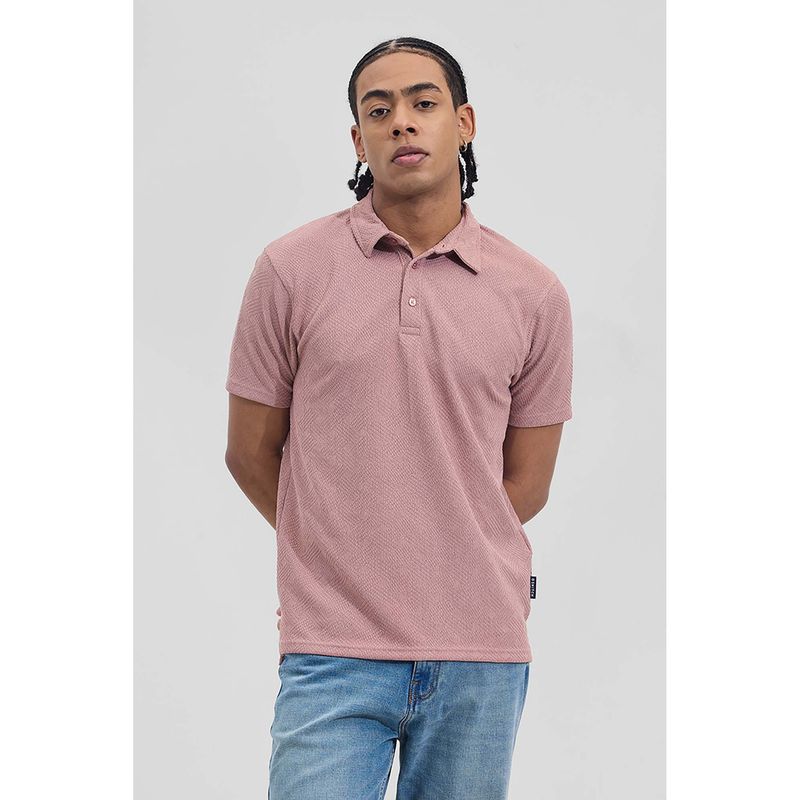 Snitch Dusty Rose Self Design Half Sleeves Slim Casual Polo T-Shirt for Men (2XL)