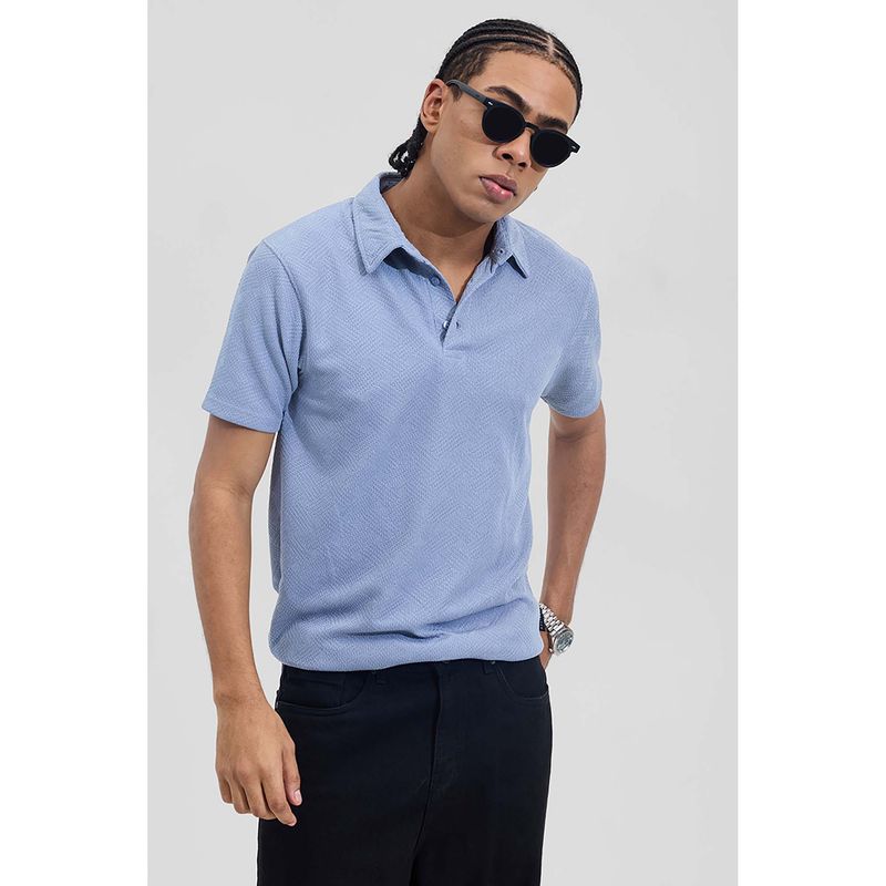 Snitch Light Blue Self Design Half Sleeves Slim Casual Polo T-Shirt for Men (2XL)