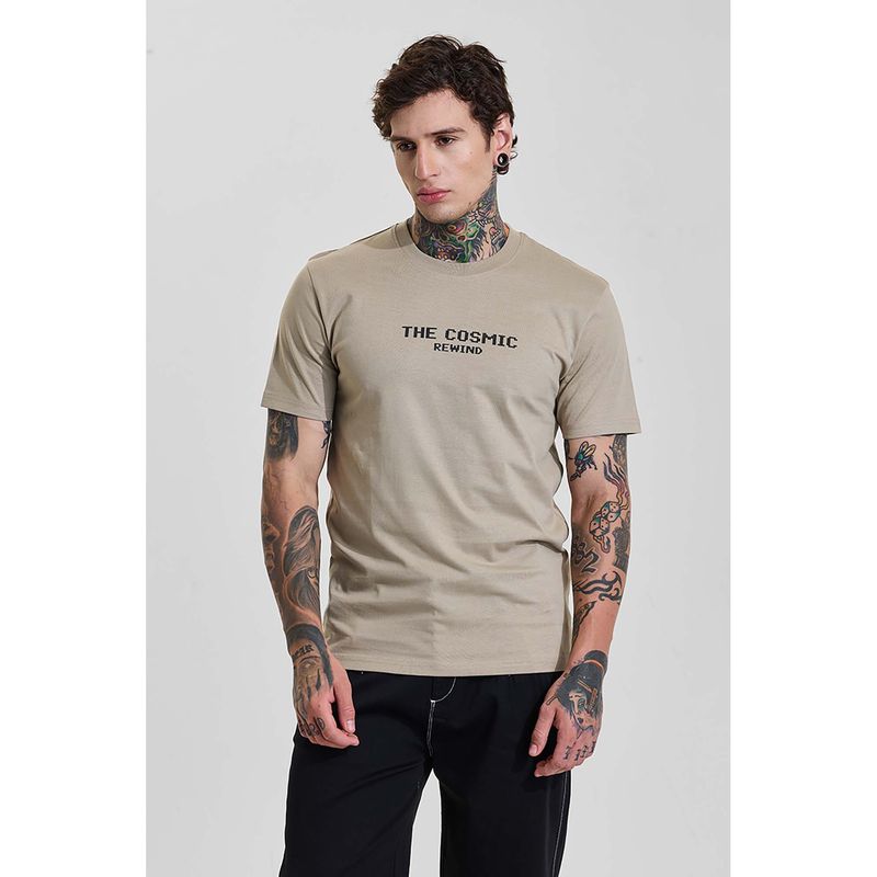 Snitch Muted Beige Graphic Half Sleeves Slim Casual T-Shirt for Men (L)