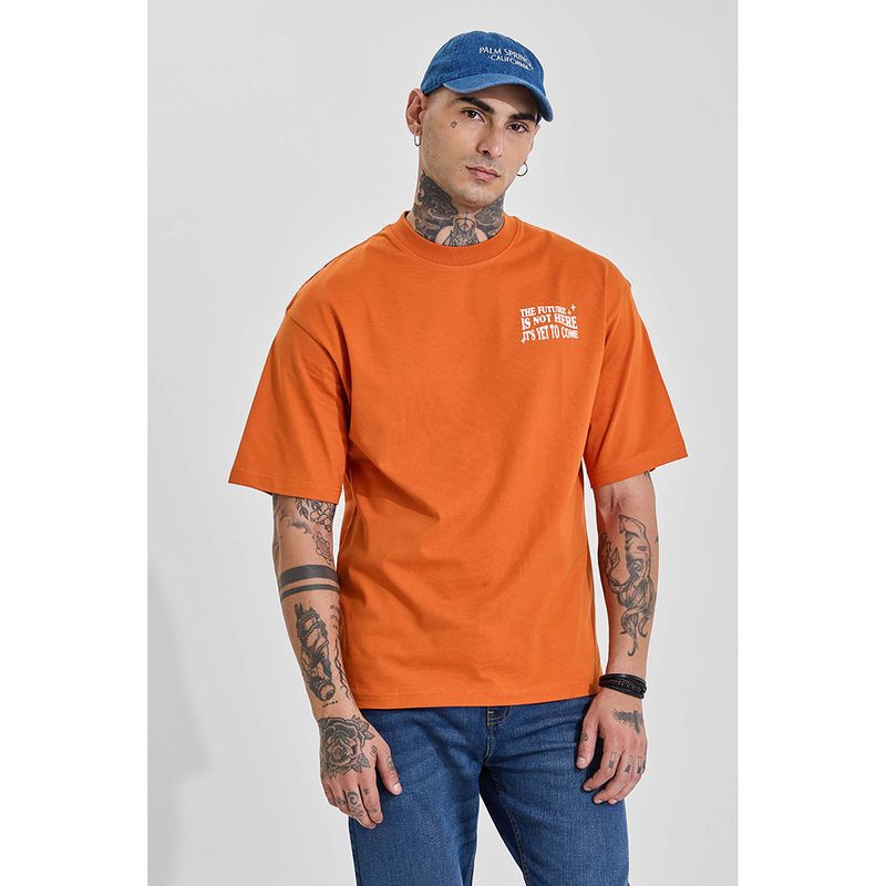 Snitch Vibrant Orange Graphic Half Sleeves Oversized Casual T-Shirt for Men (M)