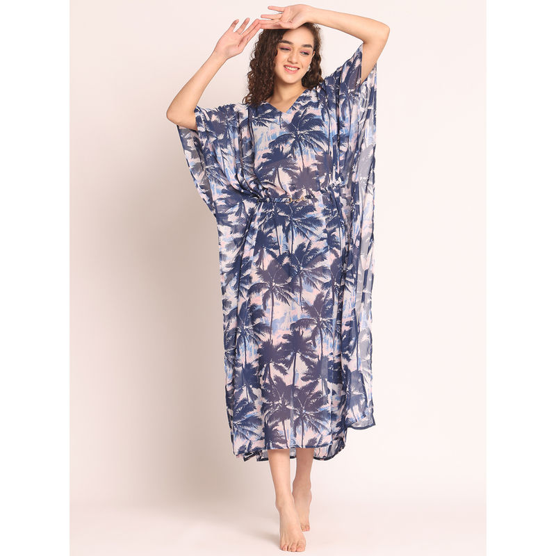 AOBA Women Blue Tropical Printed V-Neck Swim Dres (M)