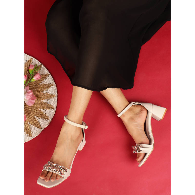 Truffle Collection Women Cream Embellished Heels (UK 3)